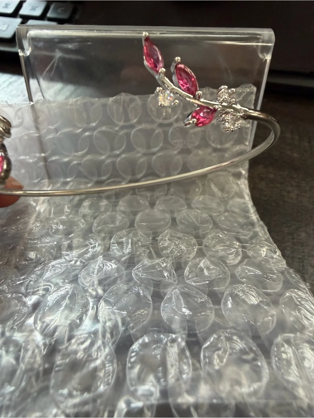 Silver Open Bangle Bracelet with Pink Marquise Stones